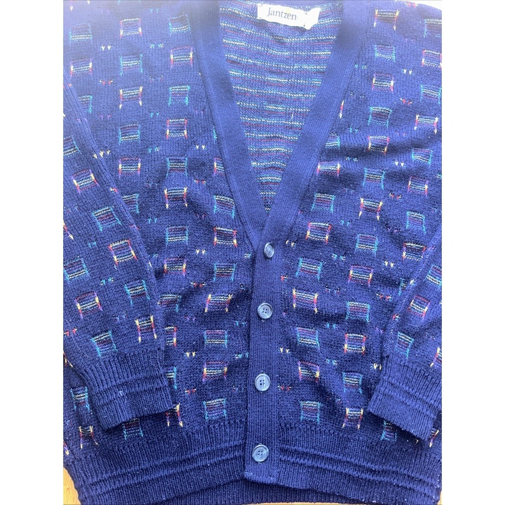 Vintage 90s Med-Large Navy Jantzen Men's Cardigan Rainbow Sweater Preppy Grandpa - Picture 3 of 6